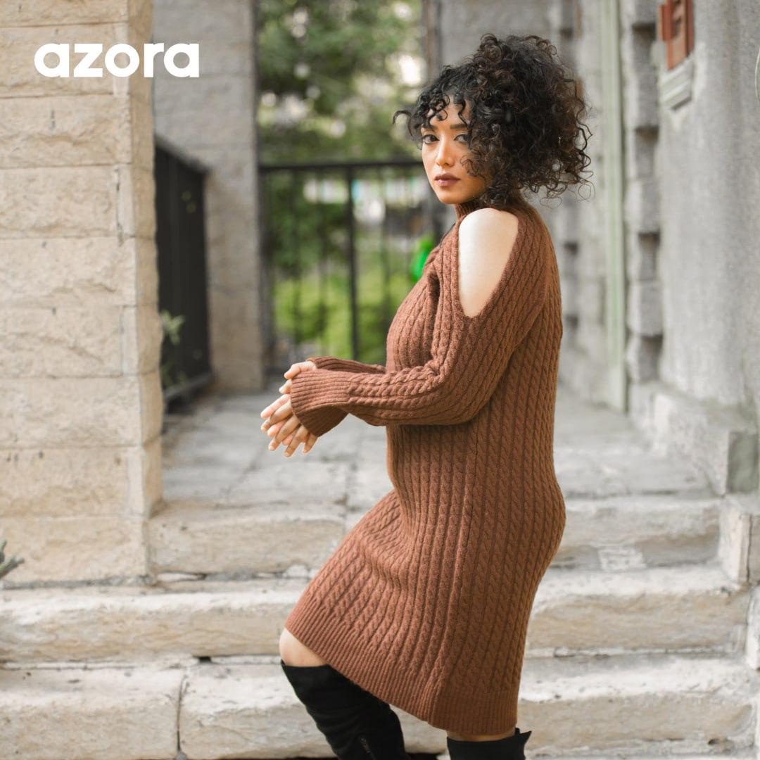 ZORA® Mocha Cold-Shoulder Knit Dress